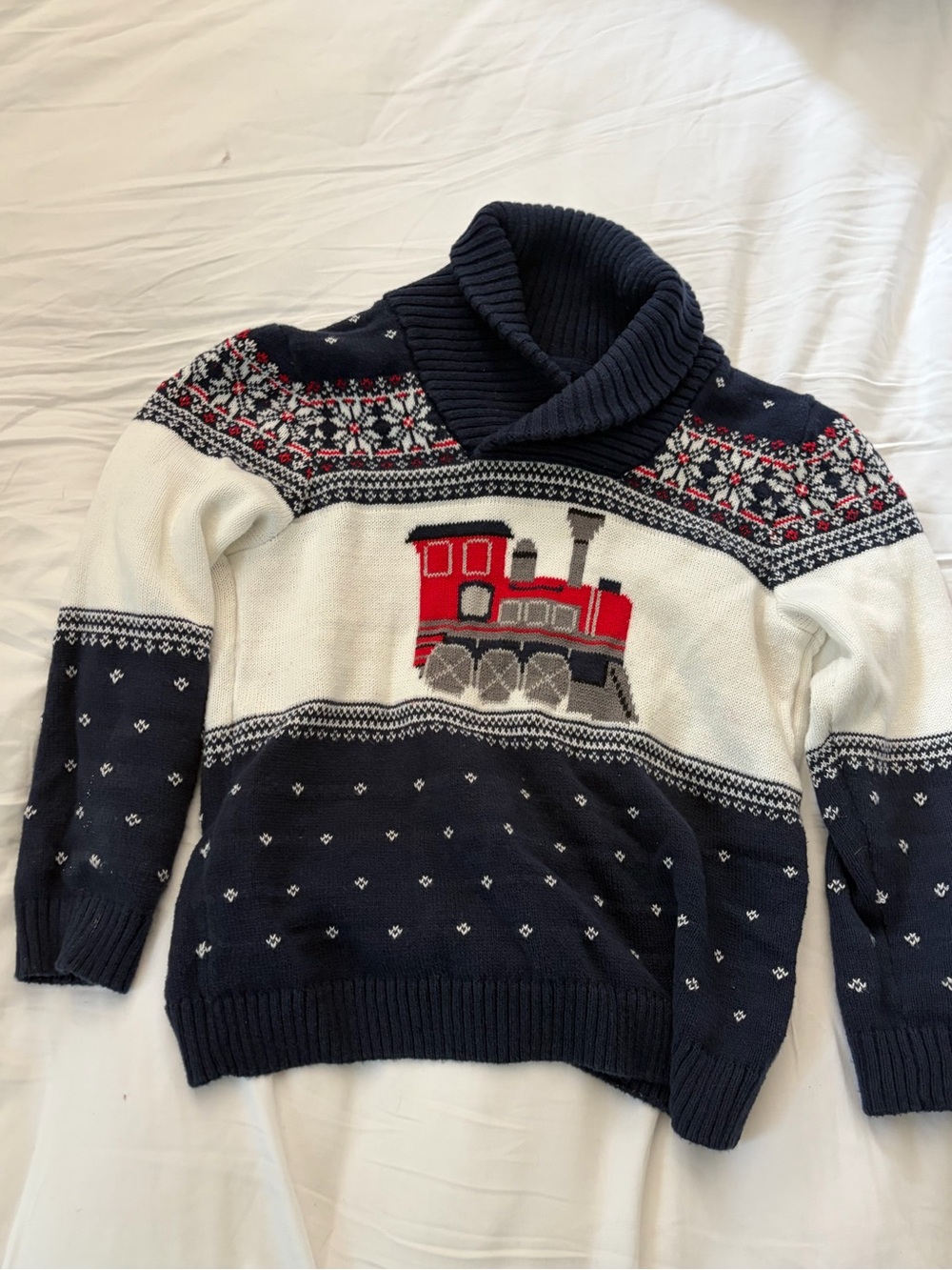 Janie and Jack Navy, White & Red Train Shawl Collar Sweater
